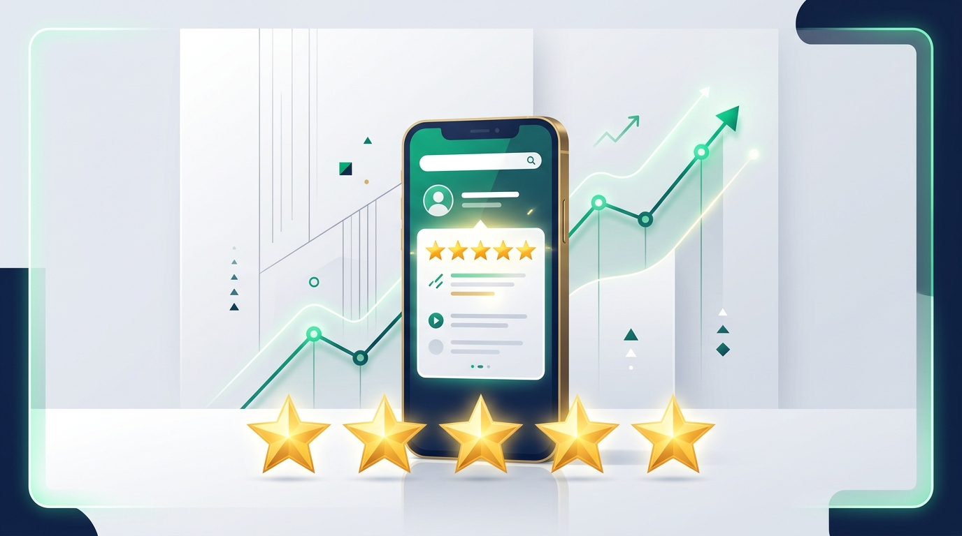 Increase google reviews hero illustration showing glowing stars and upward trend